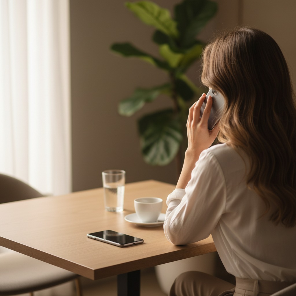 Eine junge Frau telefoniert an einem Holztisch mit ihrem Smartphone.
